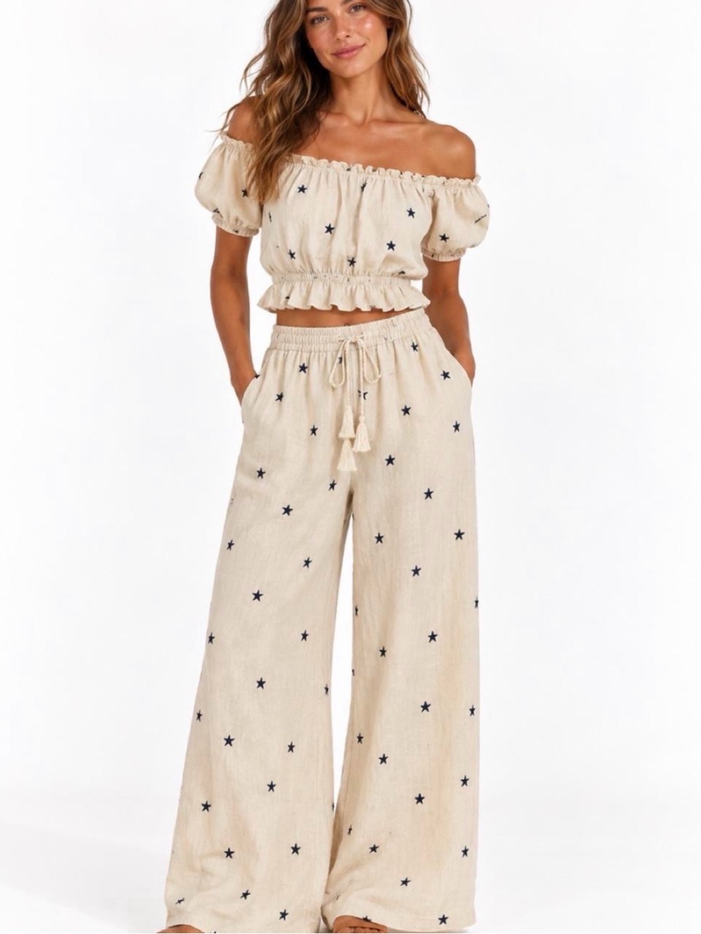 $100 - Salty Lemon Star-Print Linen Two-Piece Set – Size Large